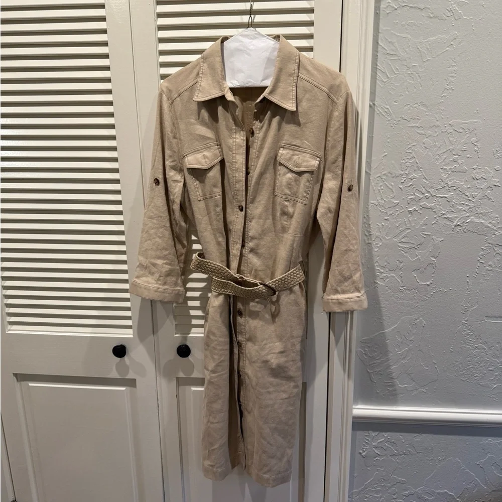 Tahari linen blend safari style Button-Up Belted Dress - Picture 1 of 9